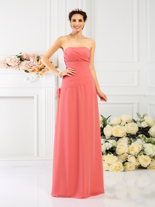 Sheath/Column Strapless Hand-Made Flower Sleeveless Long Chiffon Bridesmaid Dresses 3117