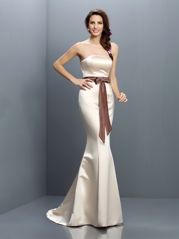 Trumpet/Mermaid Strapless Sash/Ribbon/Belt Sleeveless Long Satin Bridesmaid Dresses 3281