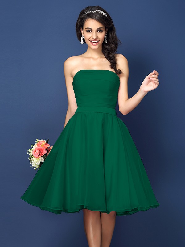 A-Line/Princess Strapless Pleats Sleeveless Short Satin Bridesmaid Dresses 2580