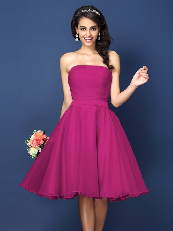 A-Line/Princess Strapless Pleats Sleeveless Short Satin Bridesmaid Dresses 2580