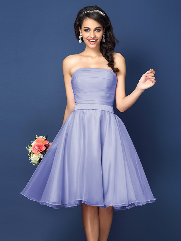 A-Line/Princess Strapless Pleats Sleeveless Short Satin Bridesmaid Dresses 2580