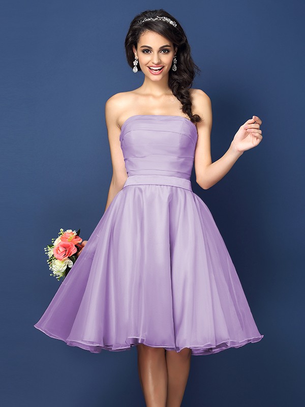 A-Line/Princess Strapless Pleats Sleeveless Short Satin Bridesmaid Dresses 2580