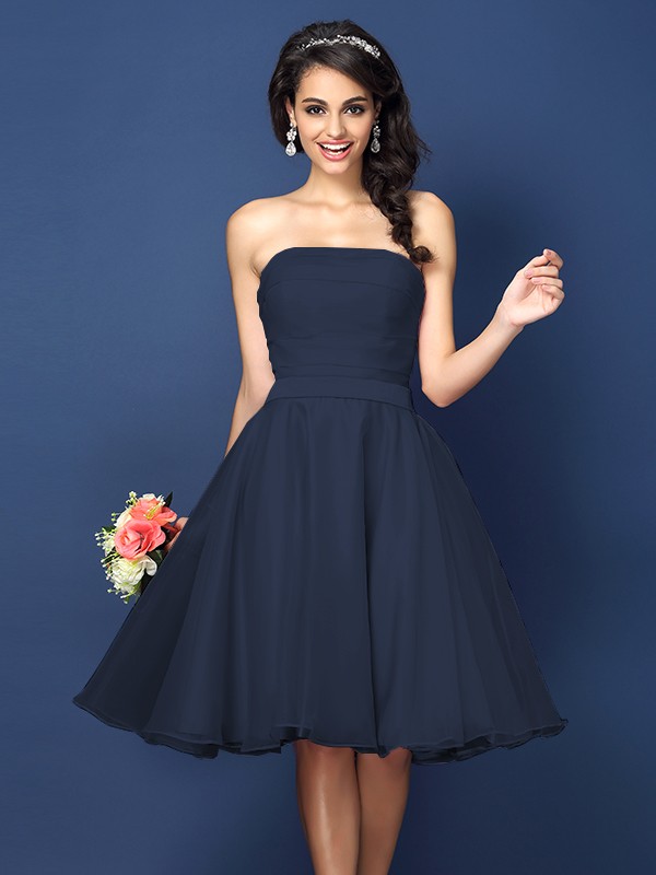 A-Line/Princess Strapless Pleats Sleeveless Short Satin Bridesmaid Dresses 2580