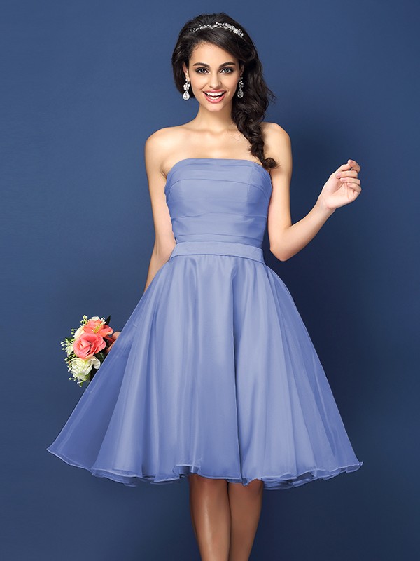 A-Line/Princess Strapless Pleats Sleeveless Short Satin Bridesmaid Dresses 2580