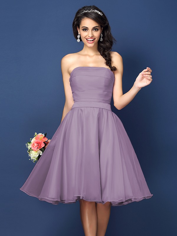 A-Line/Princess Strapless Pleats Sleeveless Short Satin Bridesmaid Dresses 2580