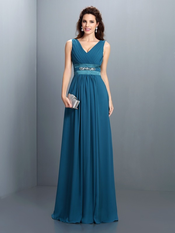 A-Line/Princess V-neck Beading Sleeveless Long Chiffon Bridesmaid Dresses 2783