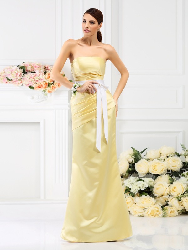 Trumpet/Mermaid Strapless Pleats Sleeveless Long Satin Bridesmaid Dresses 3280