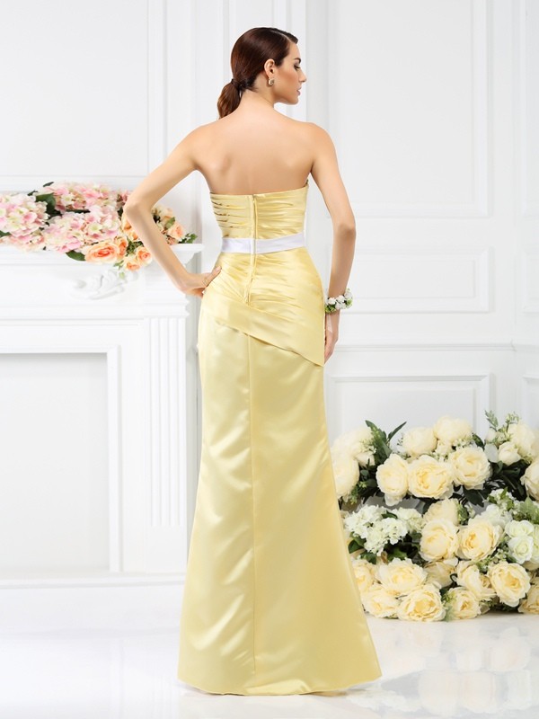 Trumpet/Mermaid Strapless Pleats Sleeveless Long Satin Bridesmaid Dresses 3280