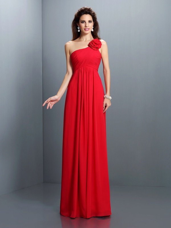 A-Line/Princess One-Shoulder Hand-Made Flower Pleats Sleeveless Long Chiffon Bridesmaid Dresses 2365