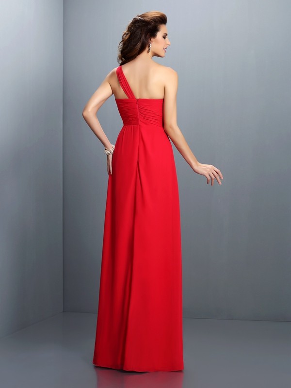 A-Line/Princess One-Shoulder Hand-Made Flower Pleats Sleeveless Long Chiffon Bridesmaid Dresses 2365