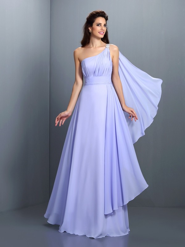 A-Line/Princess One-Shoulder Pleats Sleeveless Long Chiffon Bridesmaid Dresses 2381