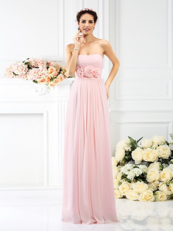 A-Line/Princess Strapless Hand-Made Flower Sleeveless Long Chiffon Bridesmaid Dresses 2566