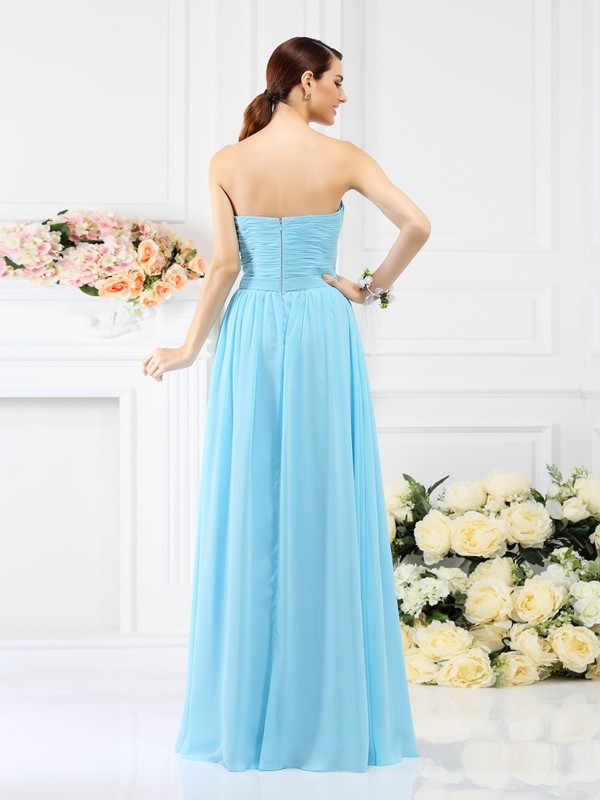 A-Line/Princess Sweetheart Pleats Hand-Made Flower Sleeveless Long Chiffon Bridesmaid Dresses 2688