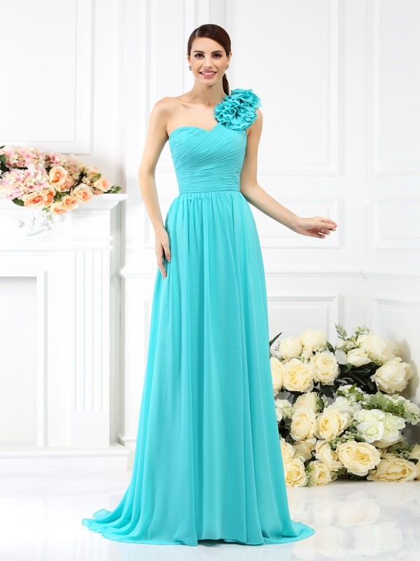 A-Line/Princess One-Shoulder Pleats Sleeveless Long Chiffon Bridesmaid Dresses 2382