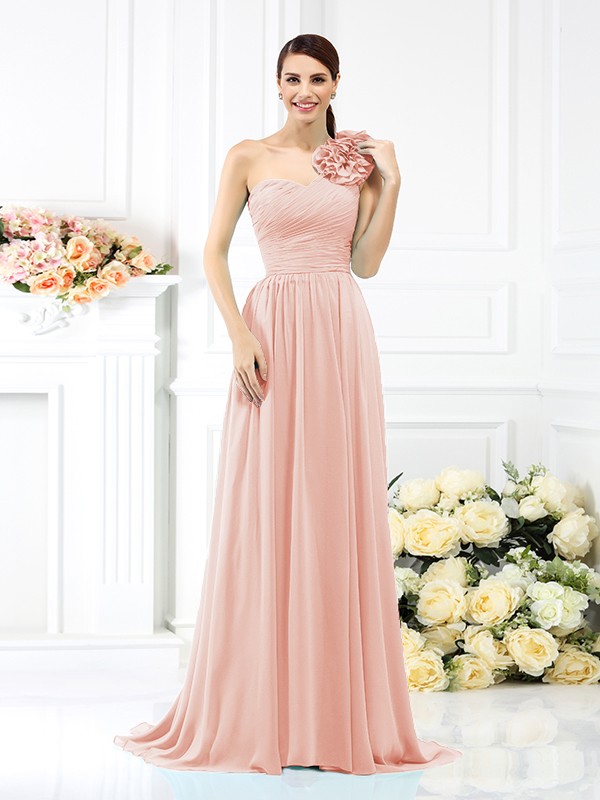 A-Line/Princess One-Shoulder Pleats Sleeveless Long Chiffon Bridesmaid Dresses 2382