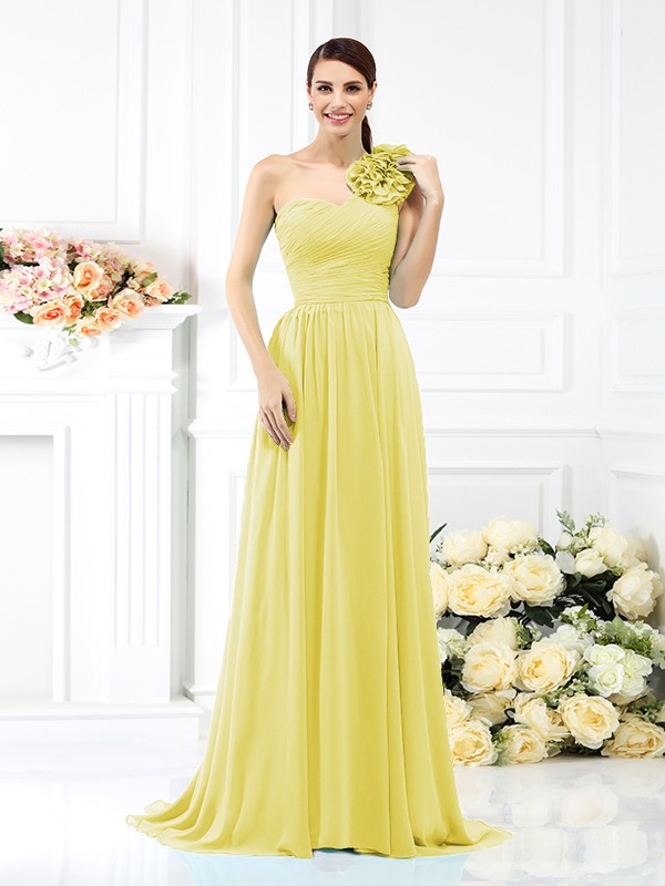 A-Line/Princess One-Shoulder Pleats Sleeveless Long Chiffon Bridesmaid Dresses 2382