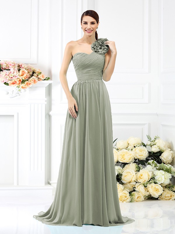 A-Line/Princess One-Shoulder Pleats Sleeveless Long Chiffon Bridesmaid Dresses 2382