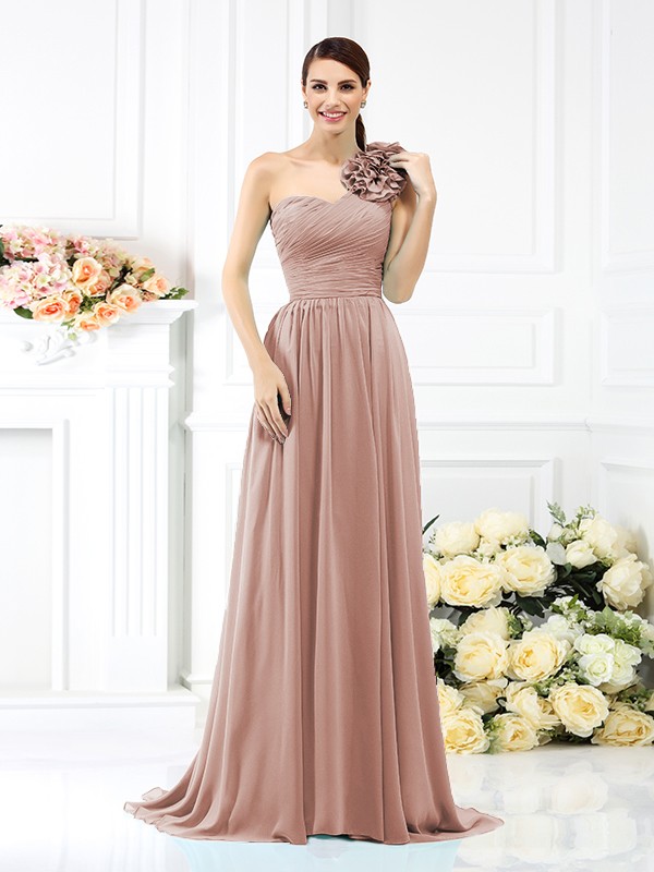 A-Line/Princess One-Shoulder Pleats Sleeveless Long Chiffon Bridesmaid Dresses 2382