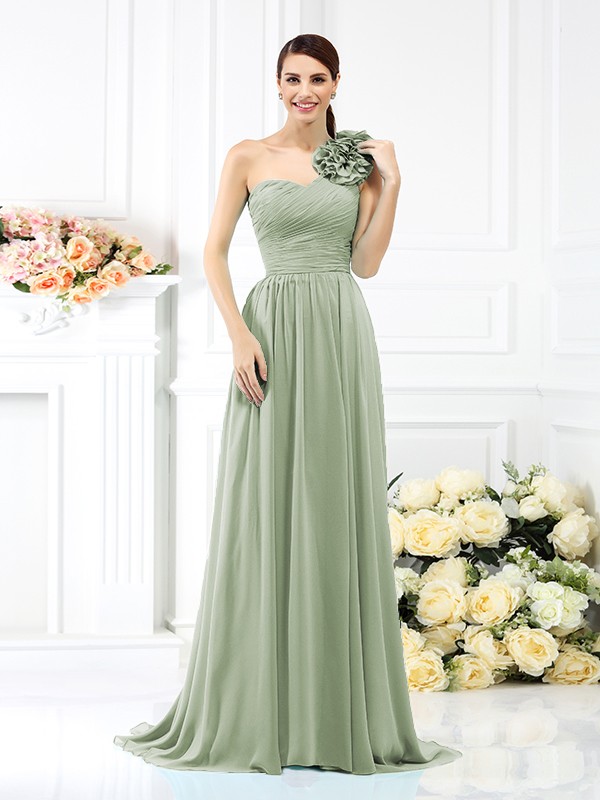 A-Line/Princess One-Shoulder Pleats Sleeveless Long Chiffon Bridesmaid Dresses 2382