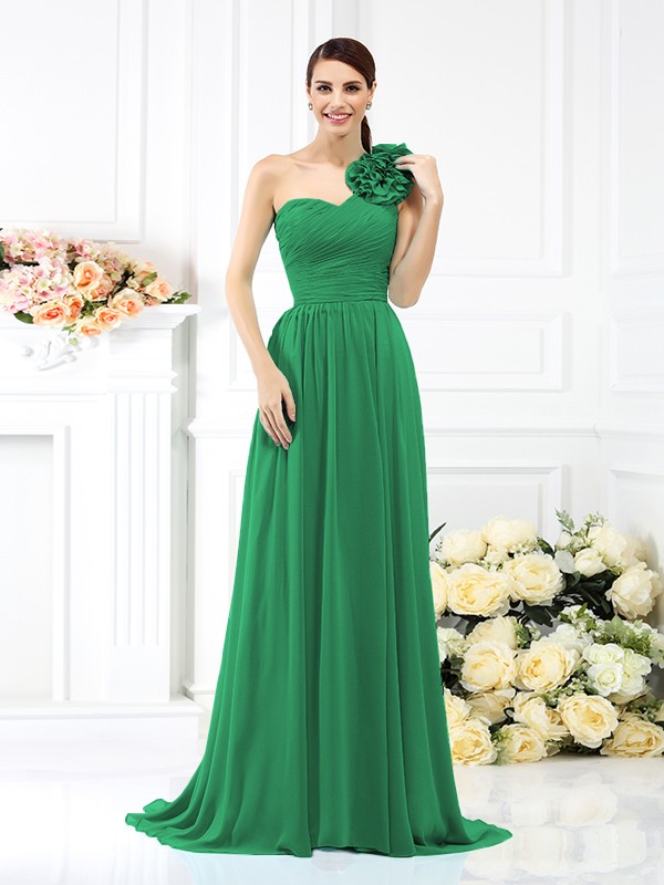 A-Line/Princess One-Shoulder Pleats Sleeveless Long Chiffon Bridesmaid Dresses 2382