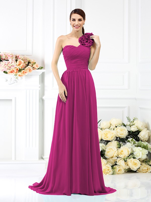 A-Line/Princess One-Shoulder Pleats Sleeveless Long Chiffon Bridesmaid Dresses 2382