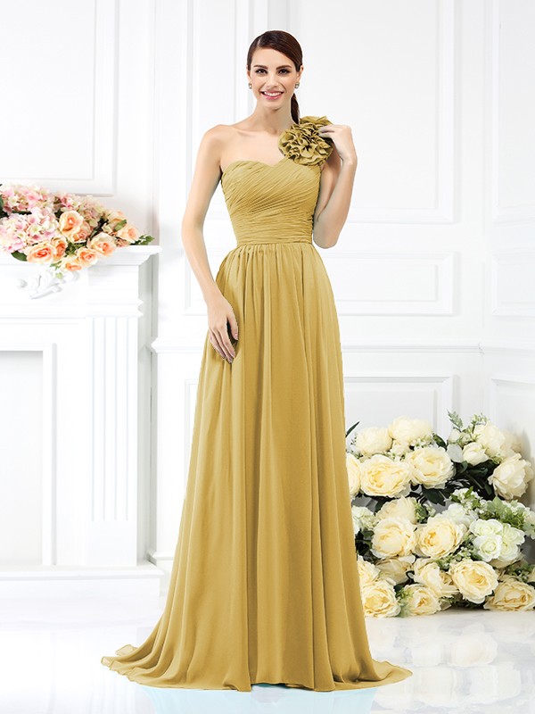 A-Line/Princess One-Shoulder Pleats Sleeveless Long Chiffon Bridesmaid Dresses 2382