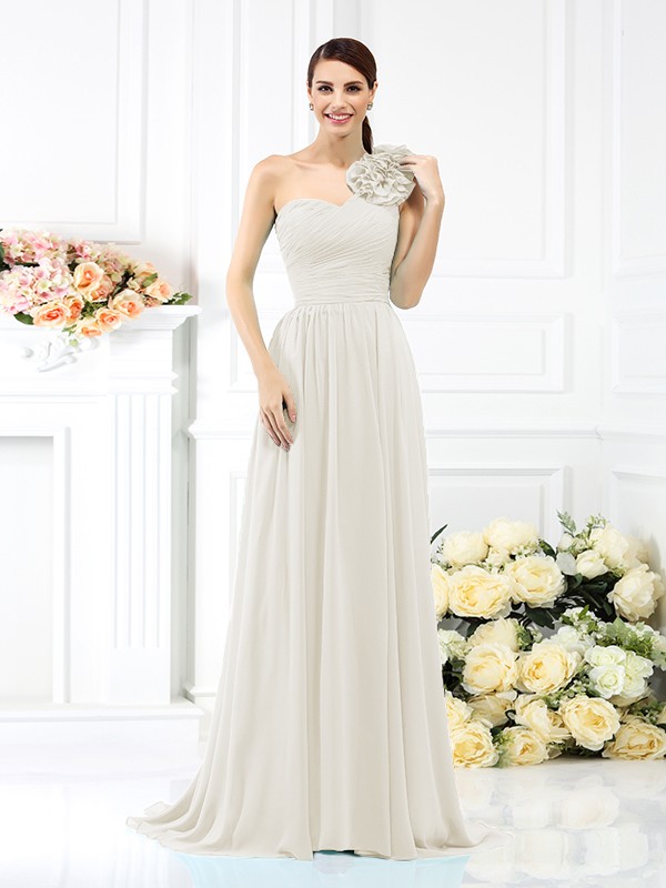 A-Line/Princess One-Shoulder Pleats Sleeveless Long Chiffon Bridesmaid Dresses 2382