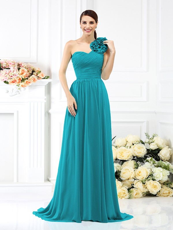 A-Line/Princess One-Shoulder Pleats Sleeveless Long Chiffon Bridesmaid Dresses 2382