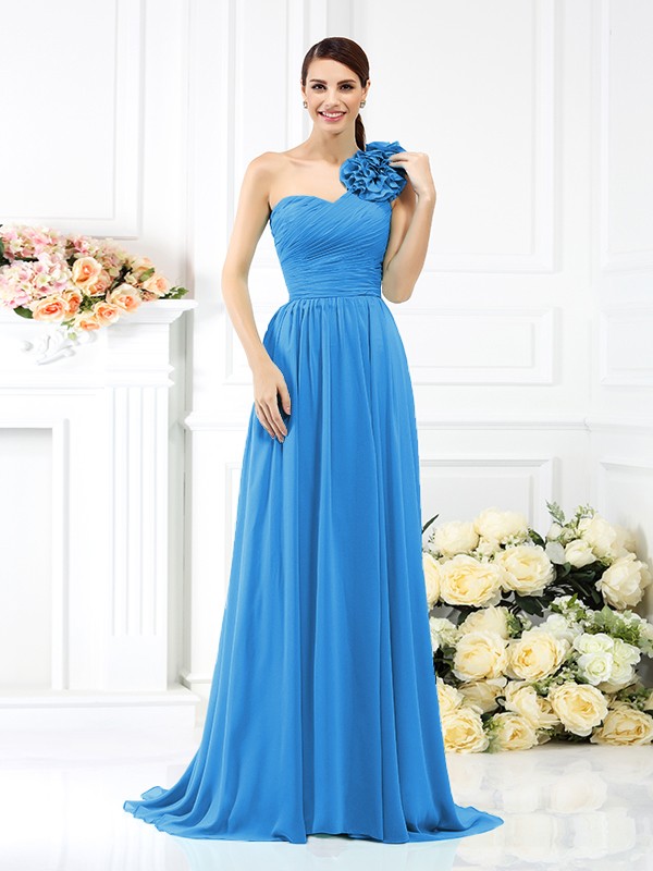 A-Line/Princess One-Shoulder Pleats Sleeveless Long Chiffon Bridesmaid Dresses 2382