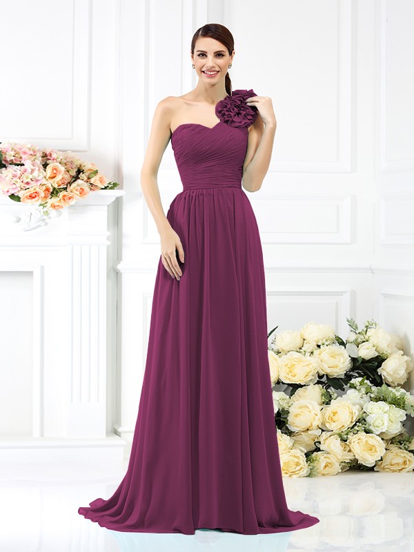 A-Line/Princess One-Shoulder Pleats Sleeveless Long Chiffon Bridesmaid Dresses 2382