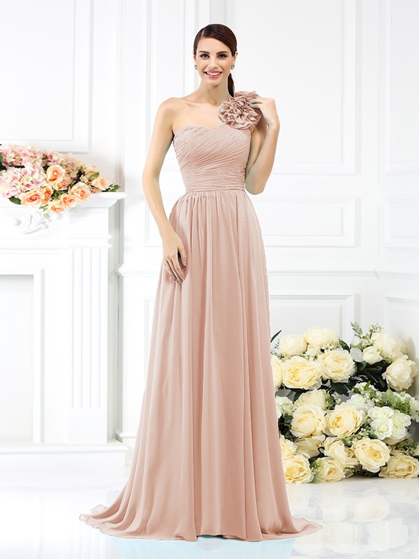 A-Line/Princess One-Shoulder Pleats Sleeveless Long Chiffon Bridesmaid Dresses 2382