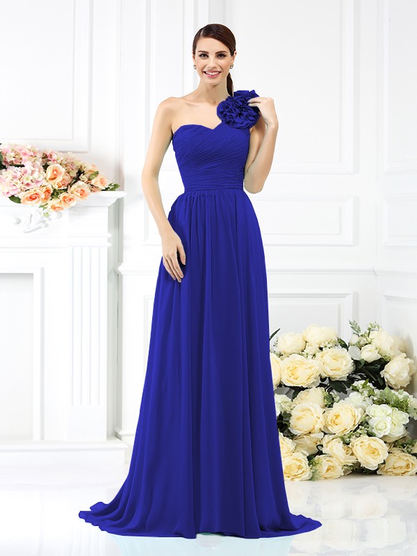 A-Line/Princess One-Shoulder Pleats Sleeveless Long Chiffon Bridesmaid Dresses 2382