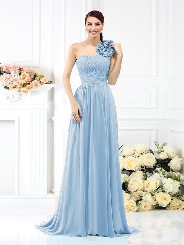 A-Line/Princess One-Shoulder Pleats Sleeveless Long Chiffon Bridesmaid Dresses 2382