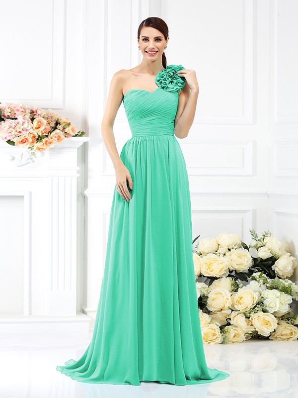 A-Line/Princess One-Shoulder Pleats Sleeveless Long Chiffon Bridesmaid Dresses 2382