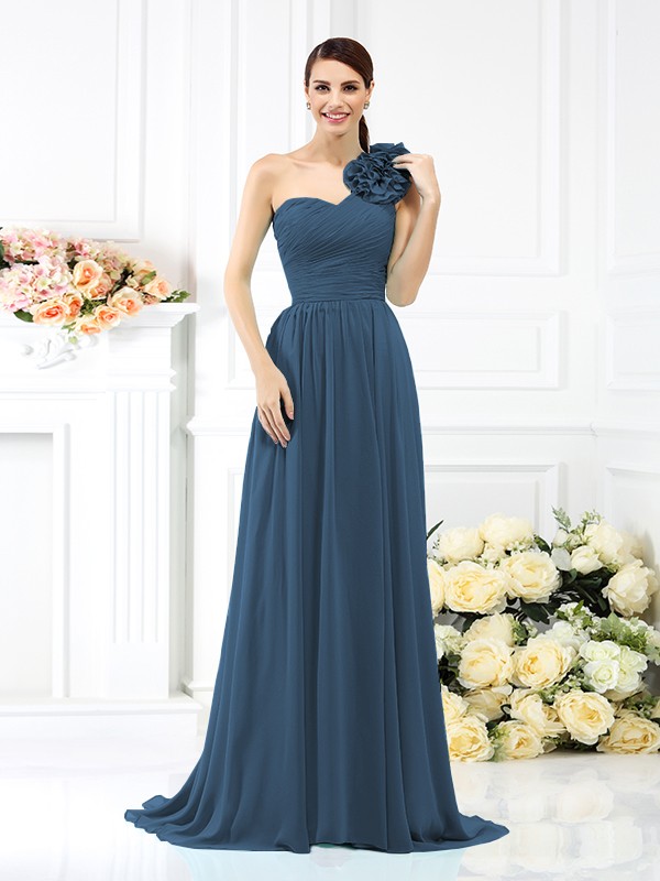 A-Line/Princess One-Shoulder Pleats Sleeveless Long Chiffon Bridesmaid Dresses 2382