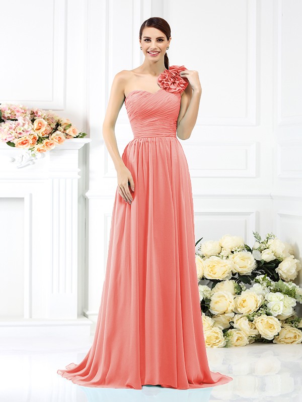 A-Line/Princess One-Shoulder Pleats Sleeveless Long Chiffon Bridesmaid Dresses 2382