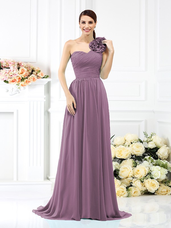 A-Line/Princess One-Shoulder Pleats Sleeveless Long Chiffon Bridesmaid Dresses 2382