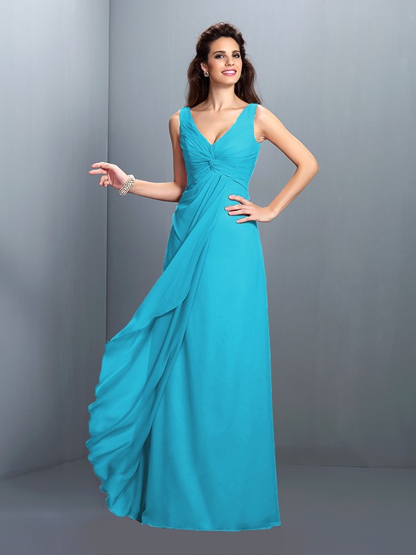 A-Line/Princess Straps Pleats Sleeveless Long Chiffon Bridesmaid Dresses 2630