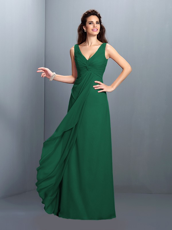 A-Line/Princess Straps Pleats Sleeveless Long Chiffon Bridesmaid Dresses 2630