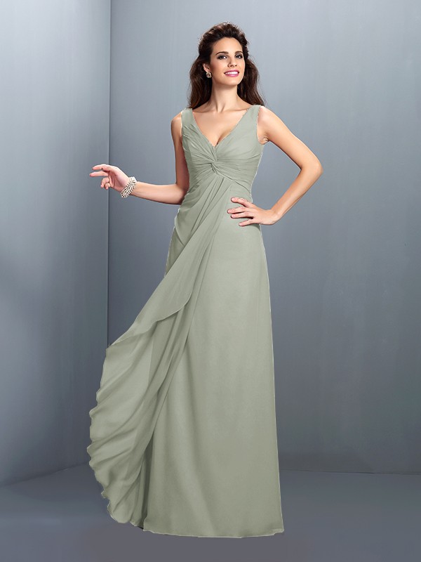 A-Line/Princess Straps Pleats Sleeveless Long Chiffon Bridesmaid Dresses 2630