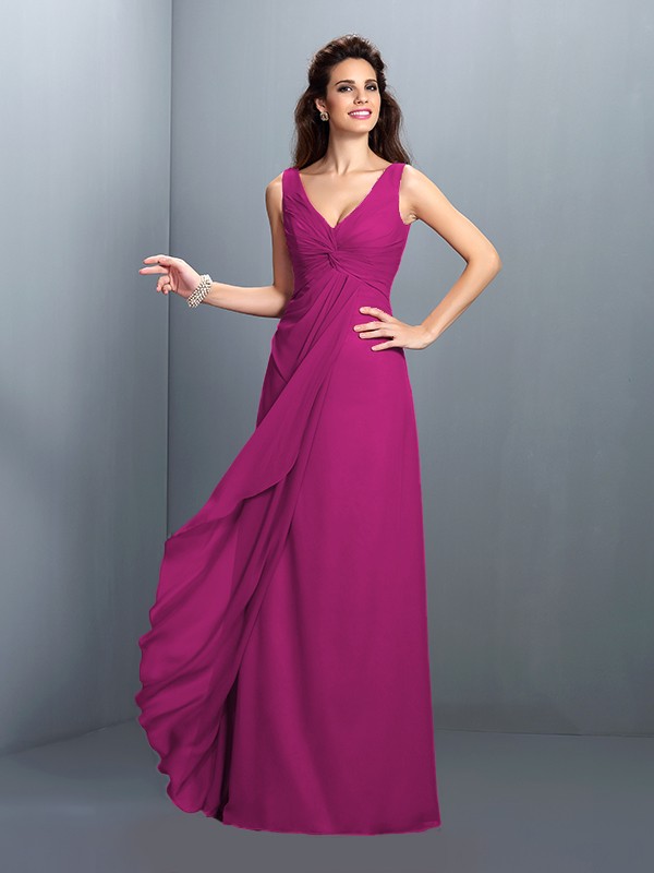 A-Line/Princess Straps Pleats Sleeveless Long Chiffon Bridesmaid Dresses 2630