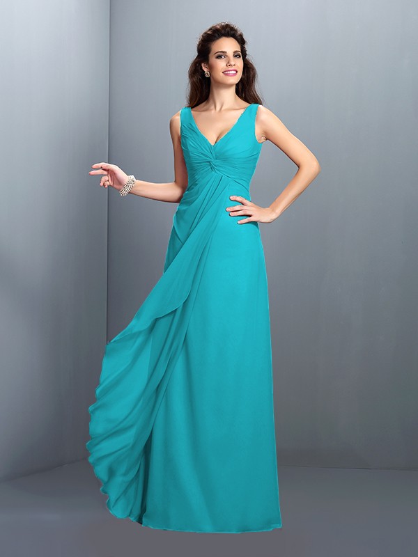 A-Line/Princess Straps Pleats Sleeveless Long Chiffon Bridesmaid Dresses 2630