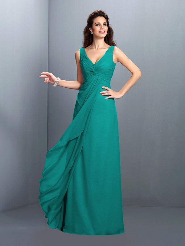 A-Line/Princess Straps Pleats Sleeveless Long Chiffon Bridesmaid Dresses 2630