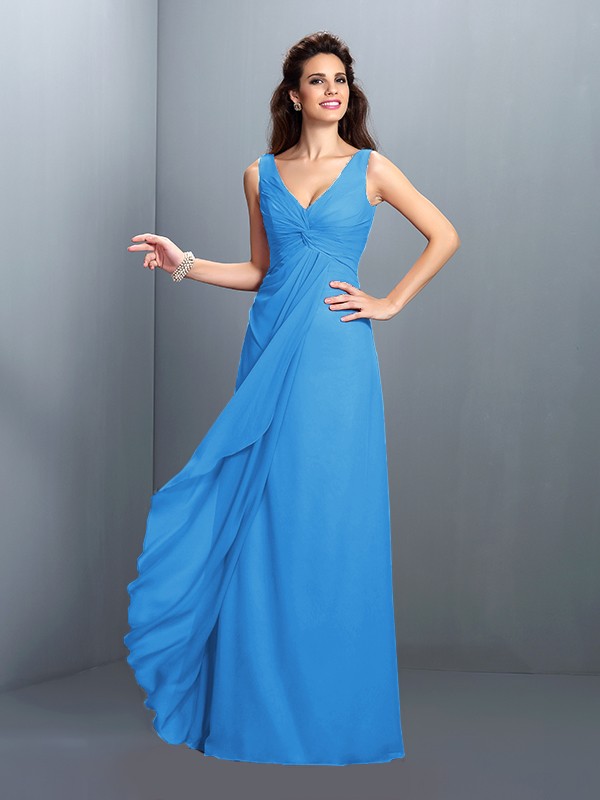 A-Line/Princess Straps Pleats Sleeveless Long Chiffon Bridesmaid Dresses 2630