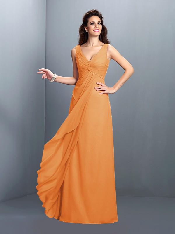 A-Line/Princess Straps Pleats Sleeveless Long Chiffon Bridesmaid Dresses 2630