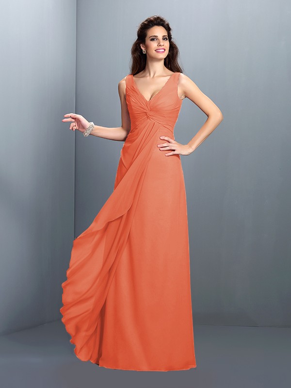 A-Line/Princess Straps Pleats Sleeveless Long Chiffon Bridesmaid Dresses 2630