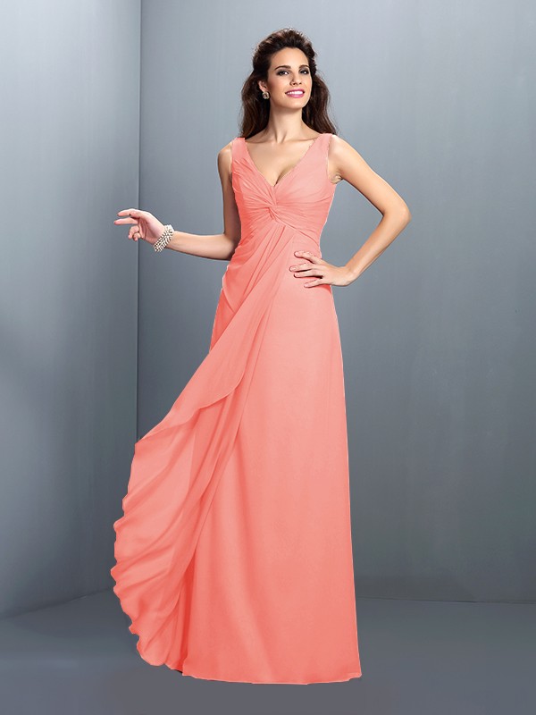 A-Line/Princess Straps Pleats Sleeveless Long Chiffon Bridesmaid Dresses 2630