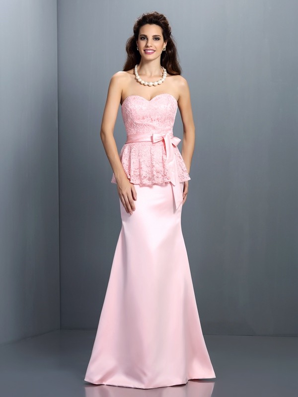 Trumpet/Mermaid Sweetheart Lace Sleeveless Long Satin Bridesmaid Dresses 3297