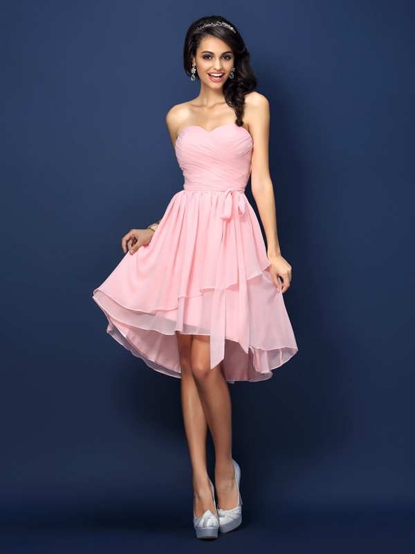 A-Line/Princess Sweetheart Pleats Bowknot Sleeveless Short Chiffon Bridesmaid Dresses 2687