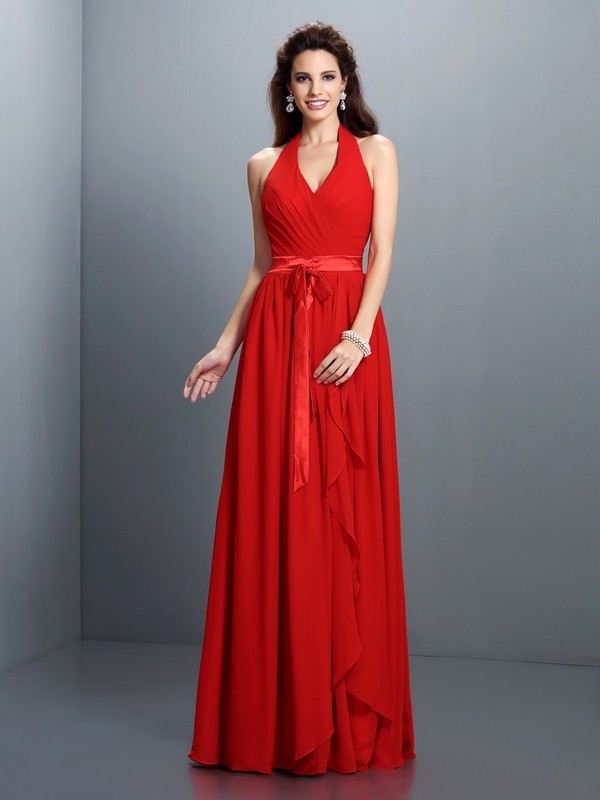 A-Line/Princess Halter Pleats Sleeveless Long Chiffon Bridesmaid Dresses 2274